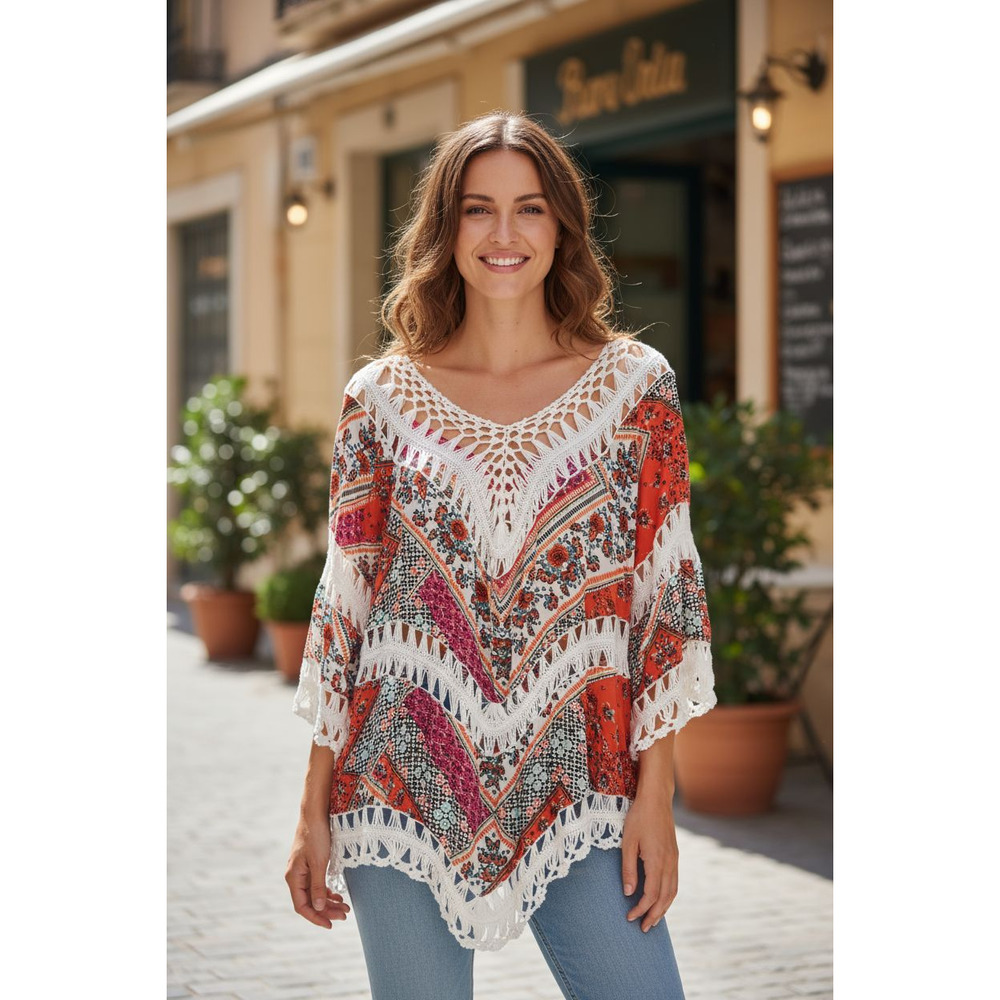4113) Vivid Mix Print Crocheted Boho V Neck Tunic Hollow out Cover Up Size 3X